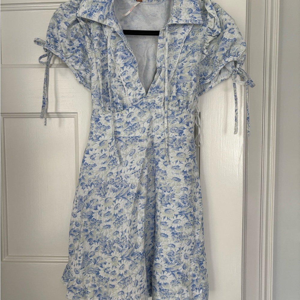 Free People Blue and White Puff Sleeve Mini Sundress